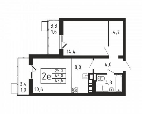 2-комнатная, квартира, 48.6 м²