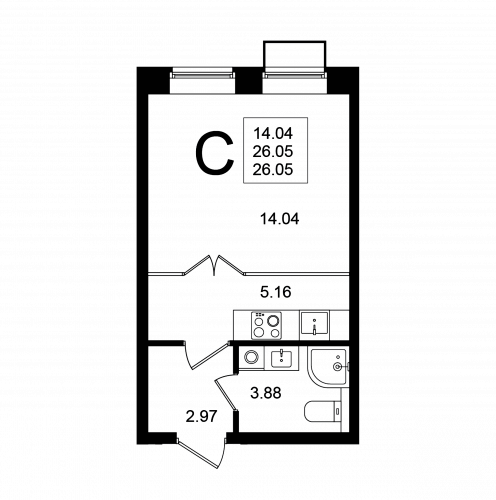 Студия, 26.05 м²
