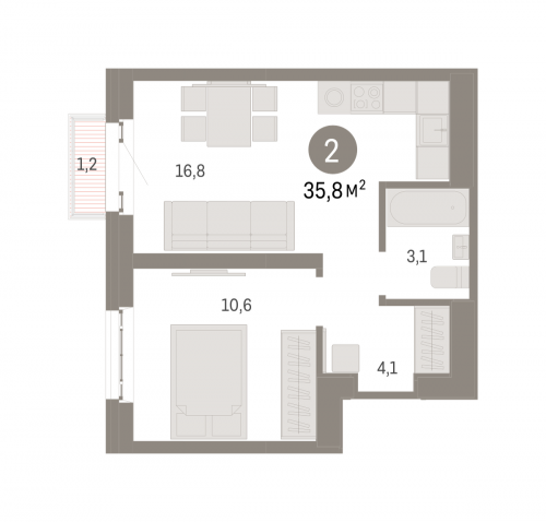 2-комнатная, квартира, 35.8 м²