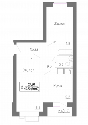 2-комнатная, 50.9 м²