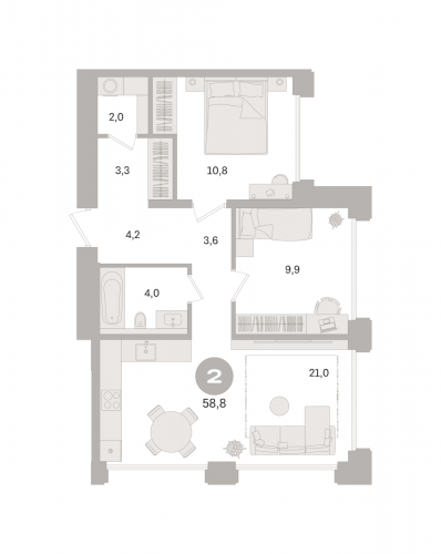 2-комнатная, квартира, 58.8 м²