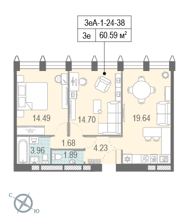 2 комнаты до 60.59