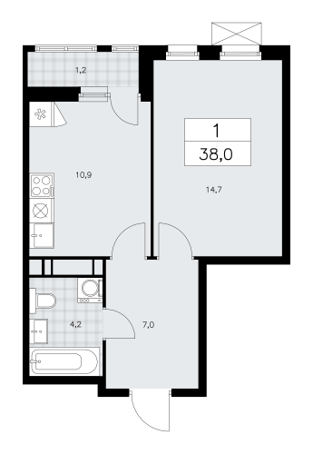 1-комнатная, 38 м²