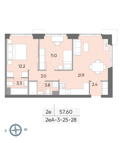 2-комнатная, квартира, 57.6 м²