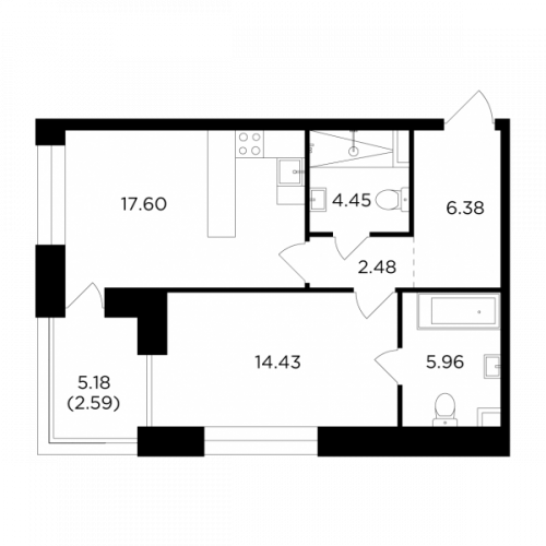 1-комнатная, 53.89 м²