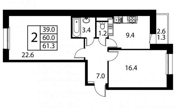 2 комнаты до 61.3