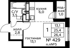 1-комнатная квартира 26,4 м²