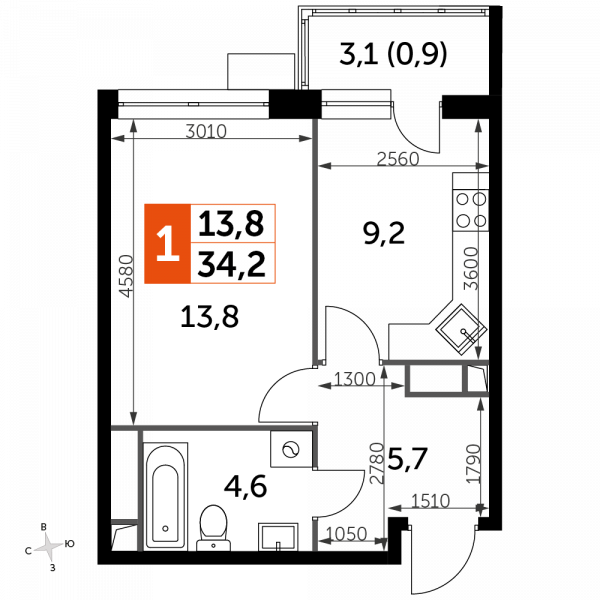 1 комната до 34.2