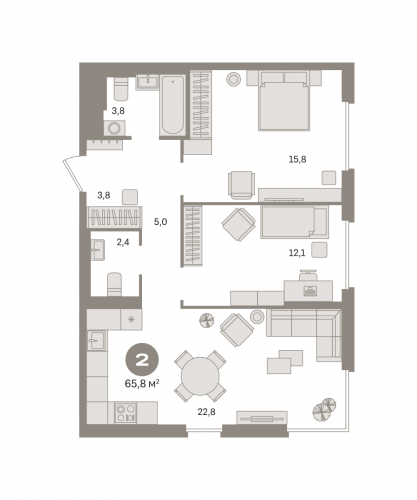 2-комнатная, квартира, 65.79 м²