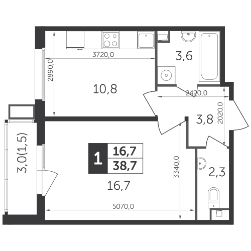 1-комнатная, квартира, 38.5 м²