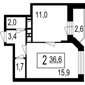 2-комнатная квартира 34 м²