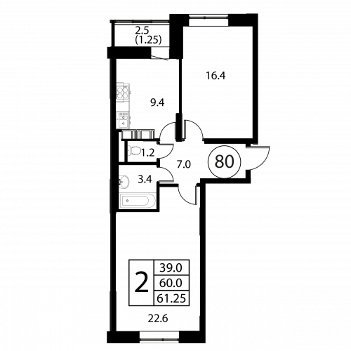 2-комнатная, квартира, 61.25 м²