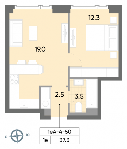 1-комнатная, квартира, 37.3 м²