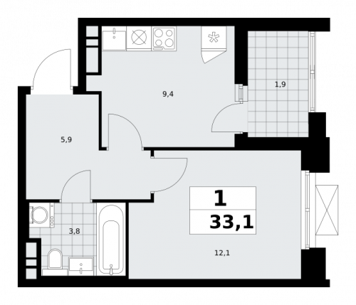 1-комнатная, 33.1 м²