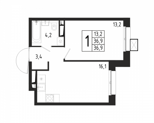 1-комнатная, квартира, 36.9 м²