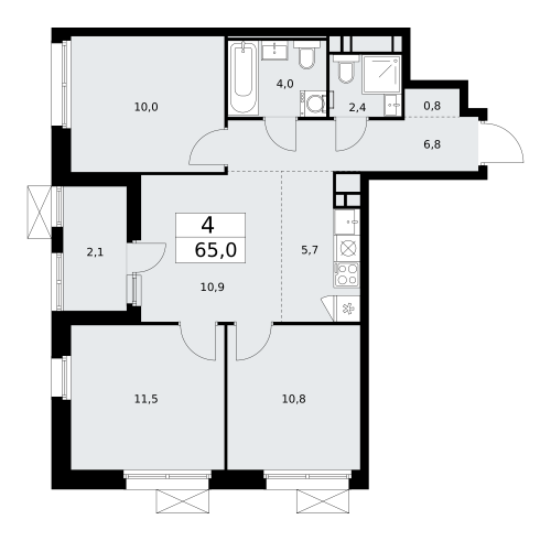Многокомнатная, 65 м²