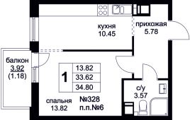 1-комнатная квартира 34,8 м²