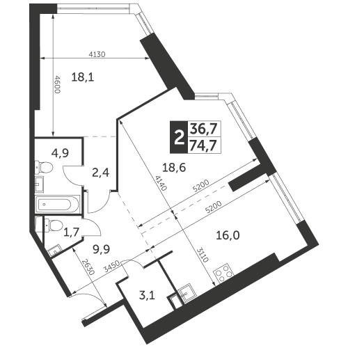 2-комнатная, квартира, 74.7 м²