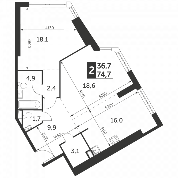 2 комнаты до 74.7