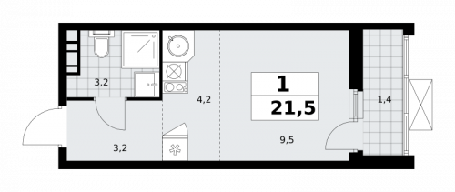 1-комнатная, 21.5 м²