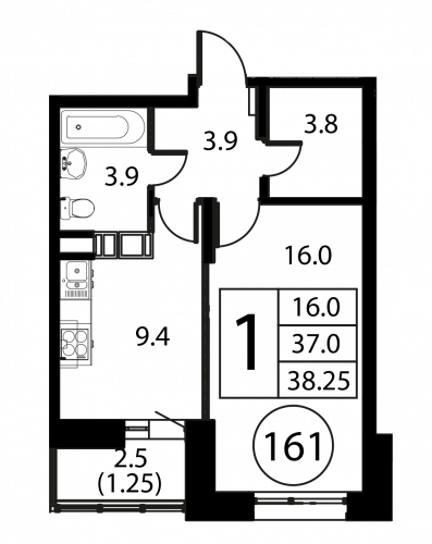 1-комнатная, квартира, 38.25 м²