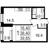1-комнатная квартира 39,85 м²