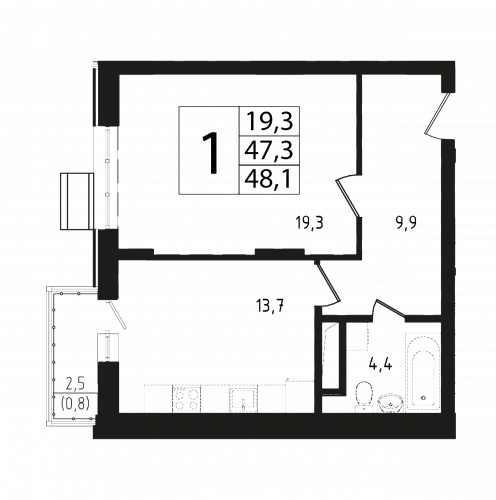 1-комнатная, квартира, 47.4 м²