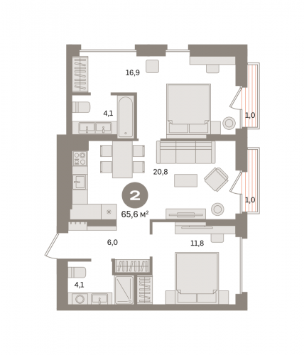 2-комнатная, квартира, 65.64 м²