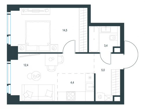 2-комнатная, 39.7 м²