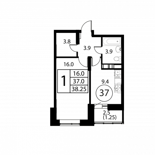 1-комнатная, квартира, 38.25 м²