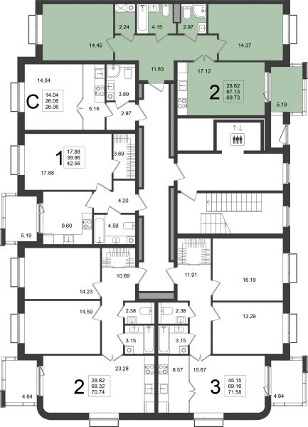 2 комнаты до 69.73