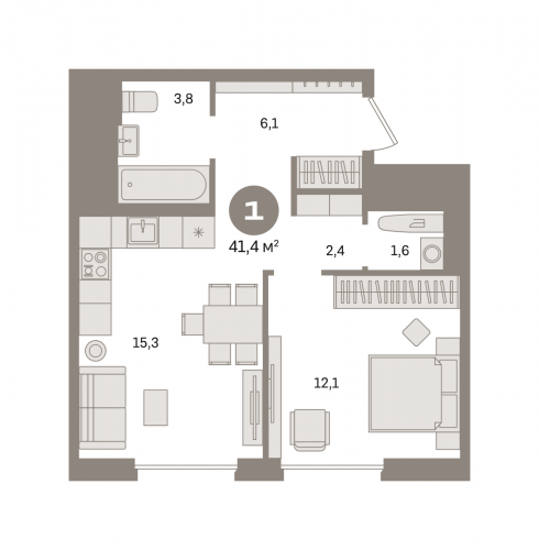 1-комнатная, квартира, 41.38 м²