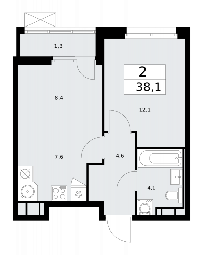 2-комнатная, 38.1 м²