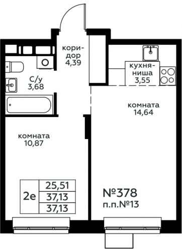 2-комнатная, 37.13 м²