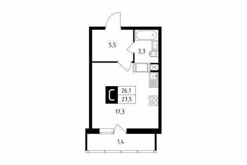Студия, 27.5 м²
