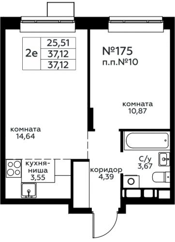 2-комнатная, 37.12 м²
