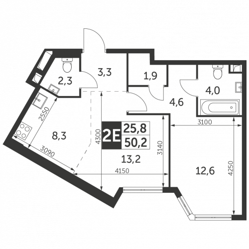 2-комнатная, квартира, 50.2 м²