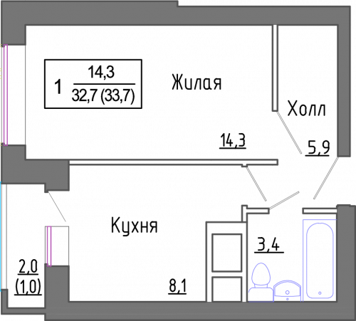 1-комнатная, 32.6 м²