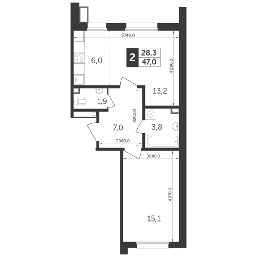 2-комнатная, квартира, 47 м²