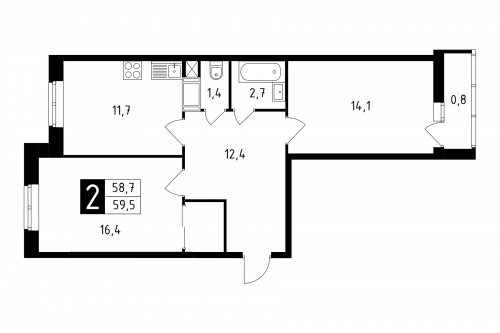 2-комнатная, квартира, 59.5 м²