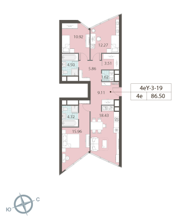 3-комнатная, квартира, 86.5 м²