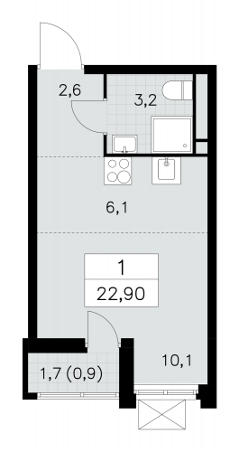 1-комнатная, 22.9 м²
