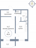 1-комнатная квартира 48,4 м²