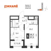 1-комнатная квартира 37,3 м²