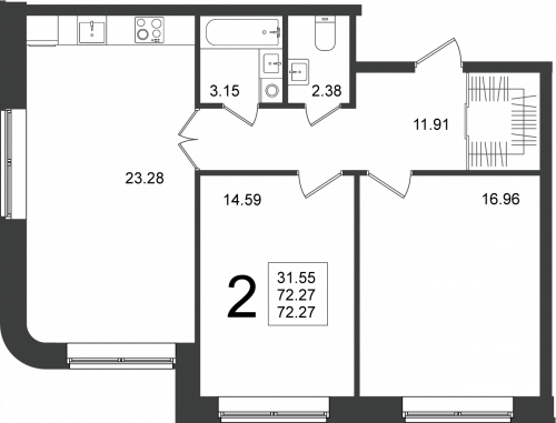 2-комнатная, квартира, 72.27 м²
