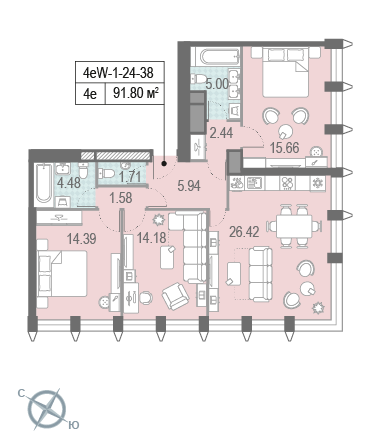 3-комнатная, квартира, 91.8 м²