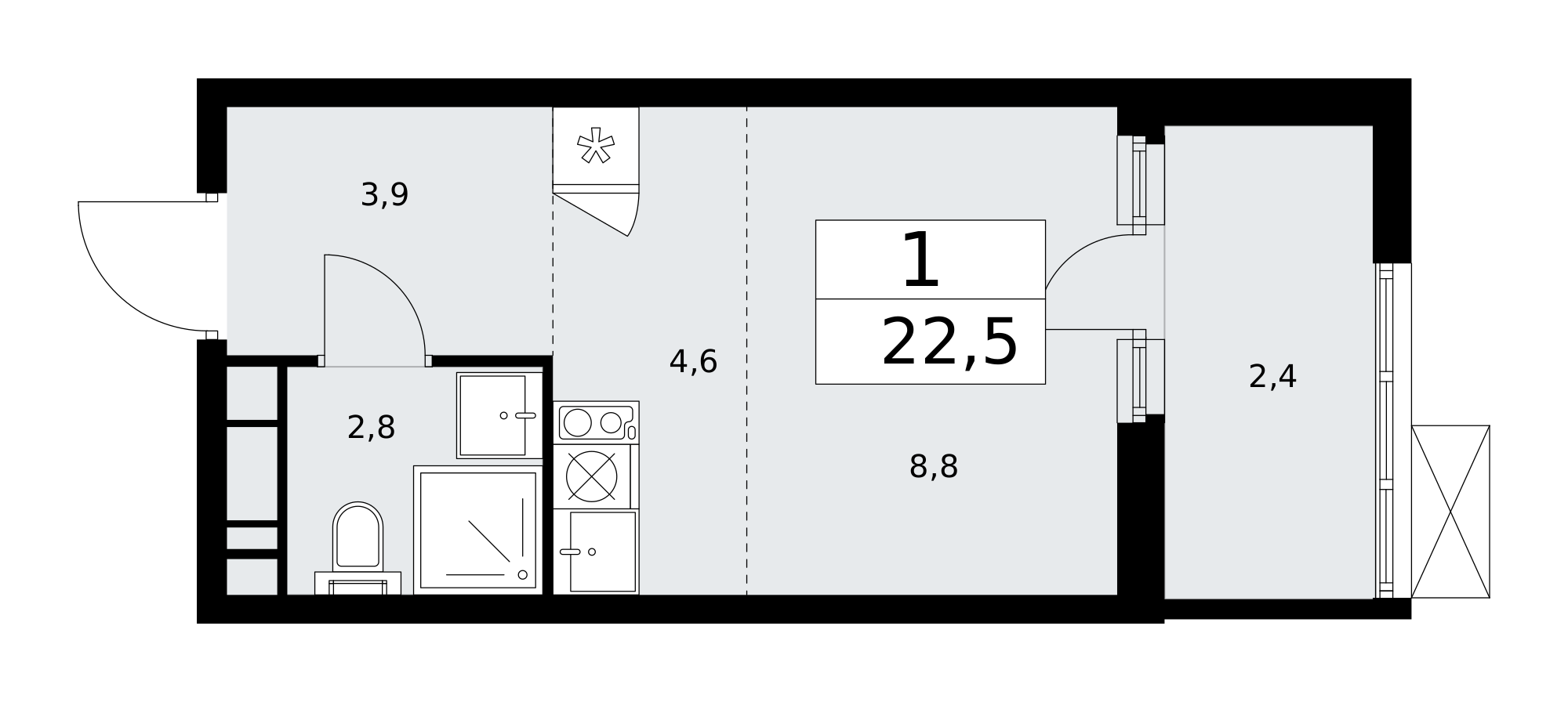1-комнатная квартира №24К-25.2-226, 22,5 м² за 8,62 млн руб. в ЖК «Скандинавия» - планировка
