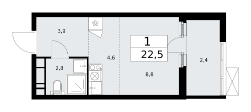 1-комнатная, 22.5 м²