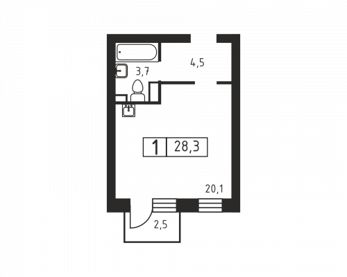 1-комнатная, 28.3 м²