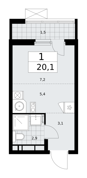 1-комнатная квартира №24К-25.4-668, 20,1 м² за 7,72 млн руб. в ЖК «Скандинавия» - планировка